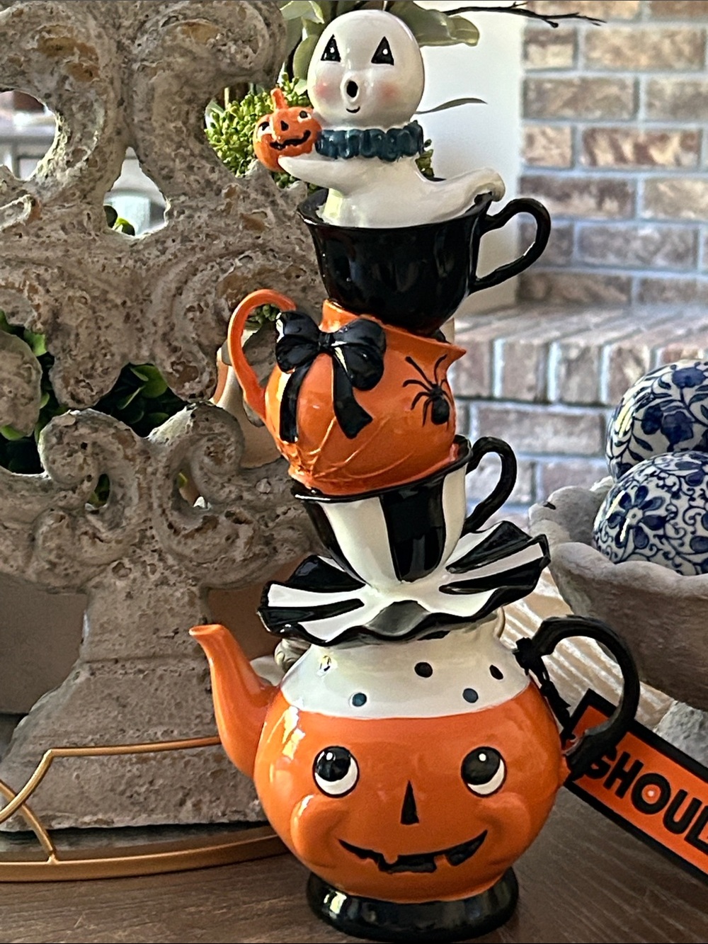 Halloween Stacked Teapot Decor - Orange, Black & White